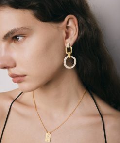 Alternative view of Geometrical Openwork Round Earrings - 18ct Gold Plated & White Zircon