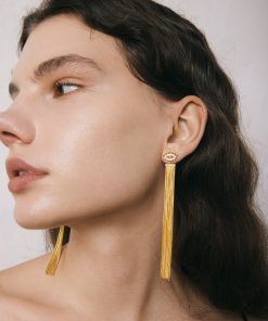 Alternative view of Magic Eye Tassel Earrings - 18ct Gold Plated & White Zircon & Sea Blue Zircon