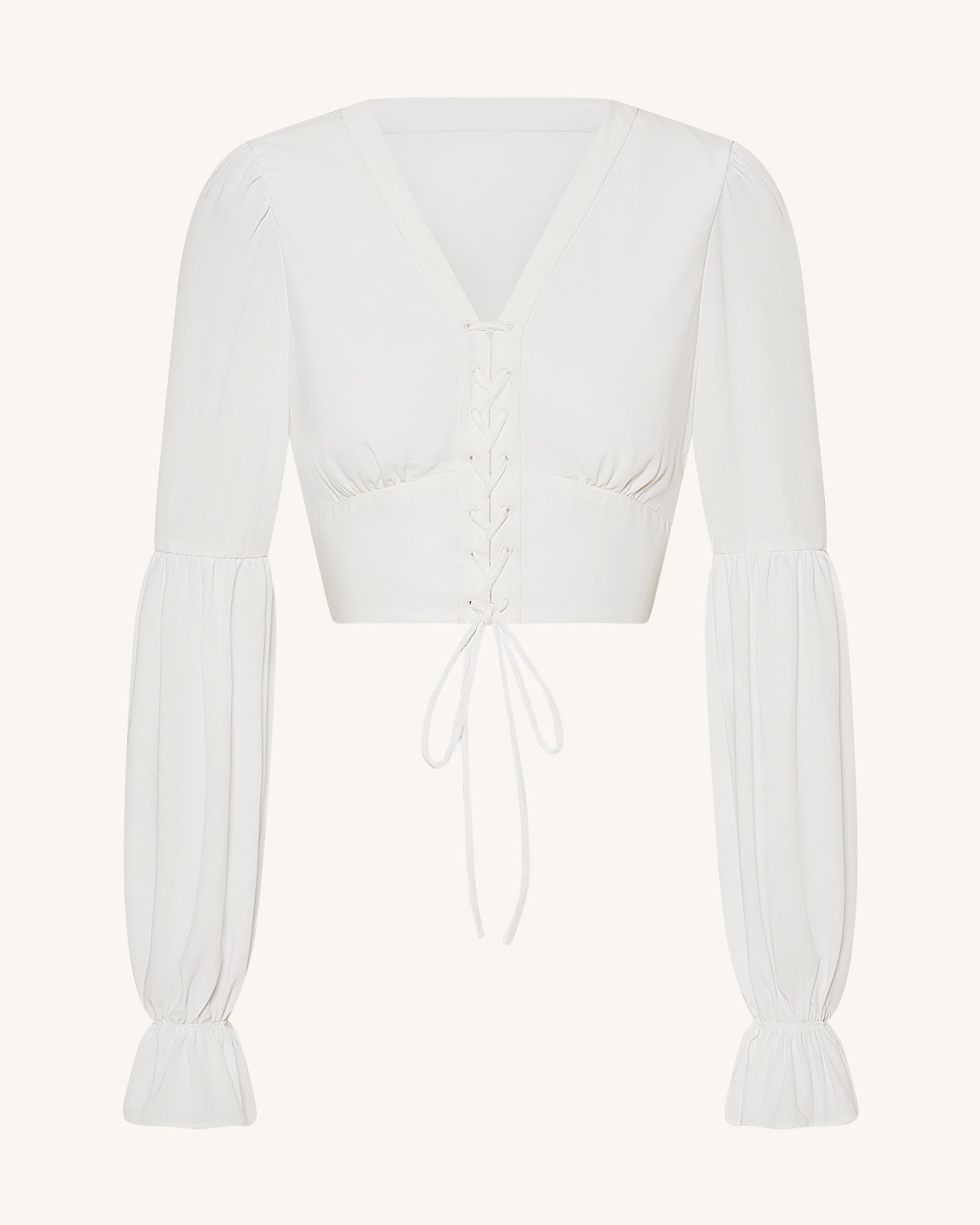 Chiffon Lantern-Sleeve Tie-Front Cropped Blouse - White - Image 3