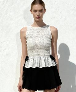 Smocked Peplum Sleeveless Top - White