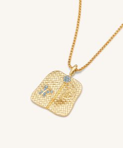 Alternative view of Plantain Fan Pendant Necklace - 18ct Gold Plated & Sea Blue Zircon & Green Nano