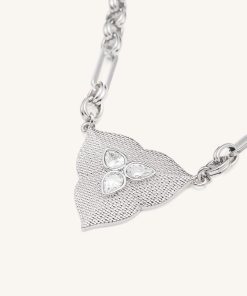 Leaf Pendant Necklace - 18ct White Gold Plated & White Zircon