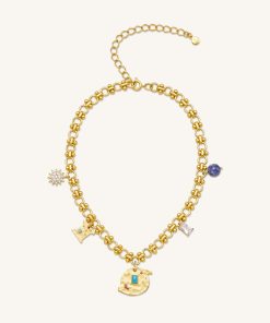 Cosmos Round Multi Charm Necklace - 18ct Gold Plated & Turquoise & Multicolor Zircon & Blue And White Porcelain Beads
