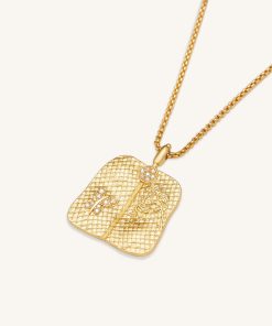 Alternative view of Plantain Fan Pendant Necklace - 18ct Gold Plated & White Zircon