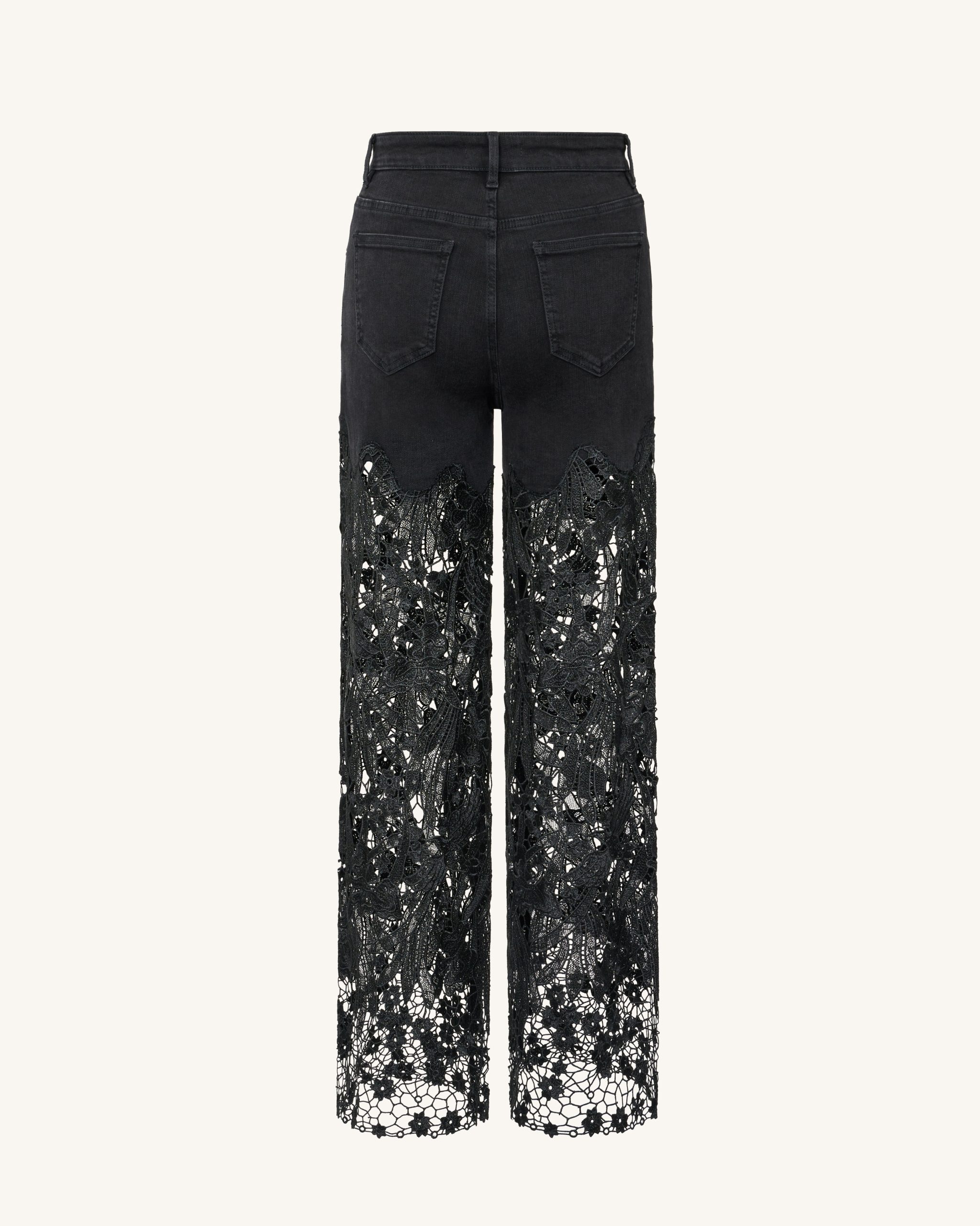 Embroidery High Rise Wide Leg Lace Denim Jeans With Rhinestone - Black - Image 4