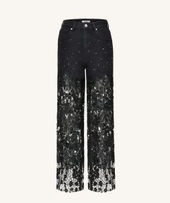 Alternative view of Embroidery High Rise Wide Leg Lace Denim Jeans With Rhinestone - Black