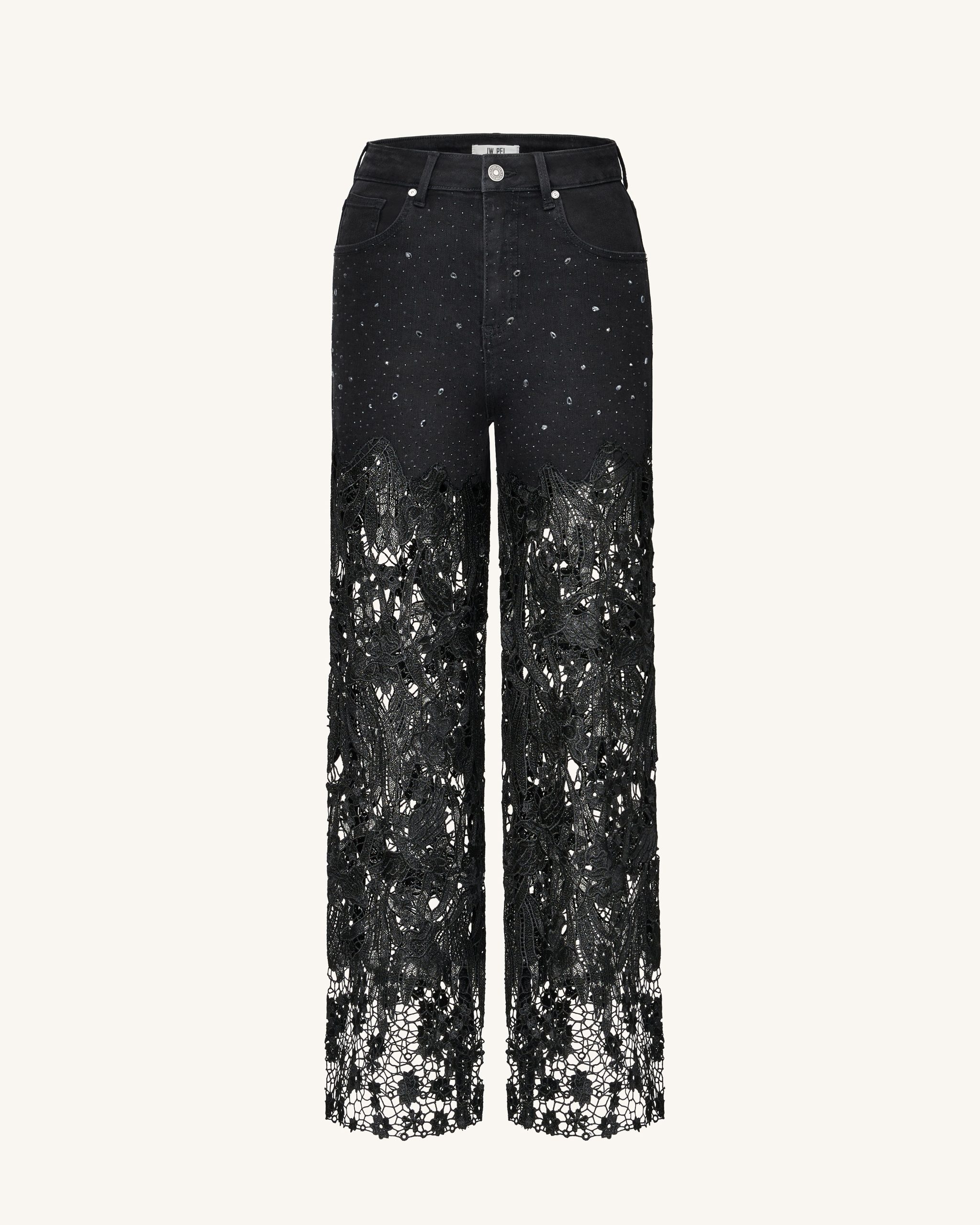 Embroidery High Rise Wide Leg Lace Denim Jeans With Rhinestone - Black - Image 2