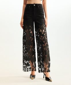 Embroidery High Rise Wide Leg Lace Denim Jeans With Rhinestone - Black