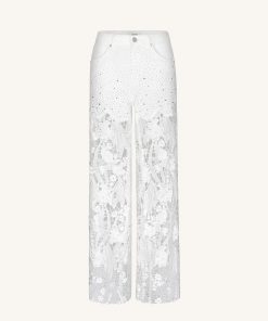 Alternative view of Embroidery High Rise Wide Leg Lace Denim Jeans With Rhinestone - White