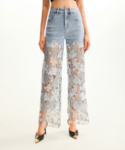 Embroidery High Rise Wide Leg Lace Denim Jeans With Rhinestone - Light Blue