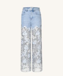 Alternative view of Embroidery High Rise Wide Leg Lace Denim Jeans With Rhinestone - Light Blue