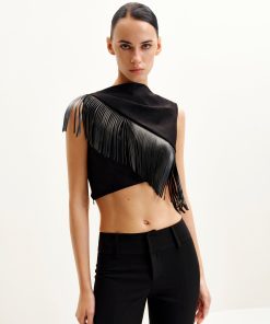 Alternative view of Ariana Asymmetric Fringe Sueded Top - Black