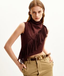 Alternative view of Adeline Asymmetric Fringe Sueded Top - Burgundy