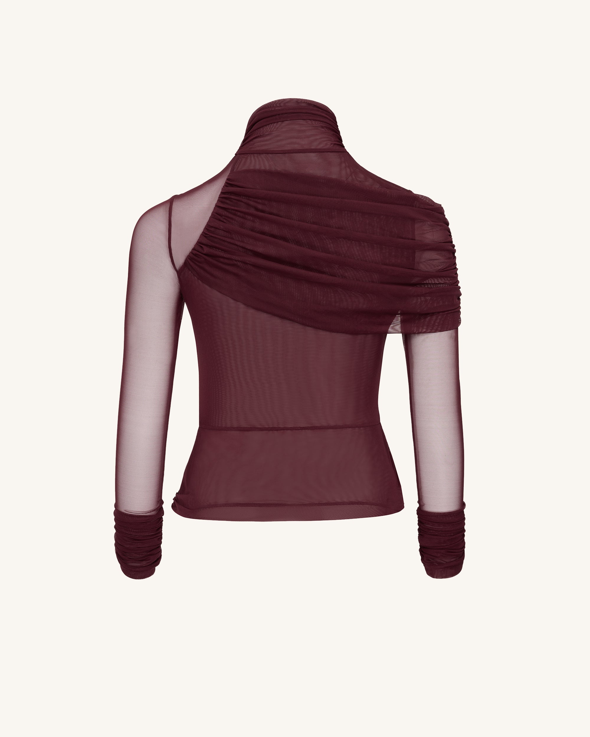 Ella Sheer Ruched Turtleneck Top - Burgundy - Image 7