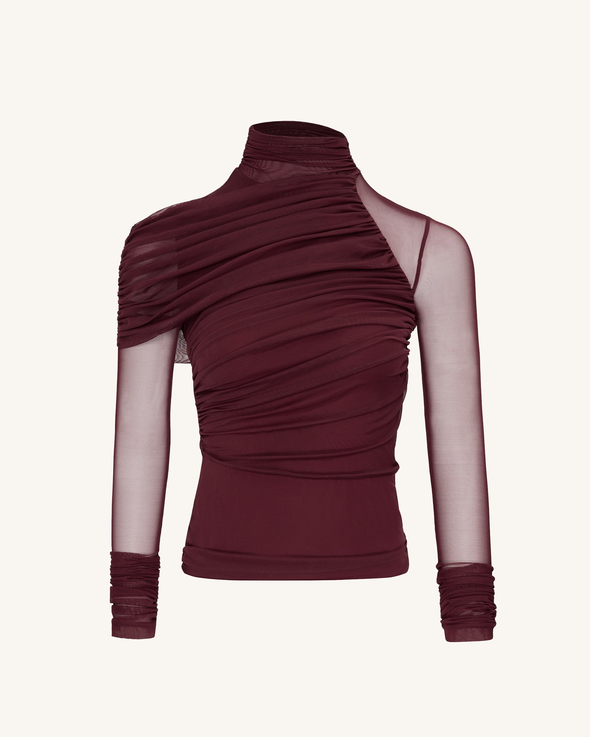 Ella Sheer Ruched Turtleneck Top - Burgundy - Image 5