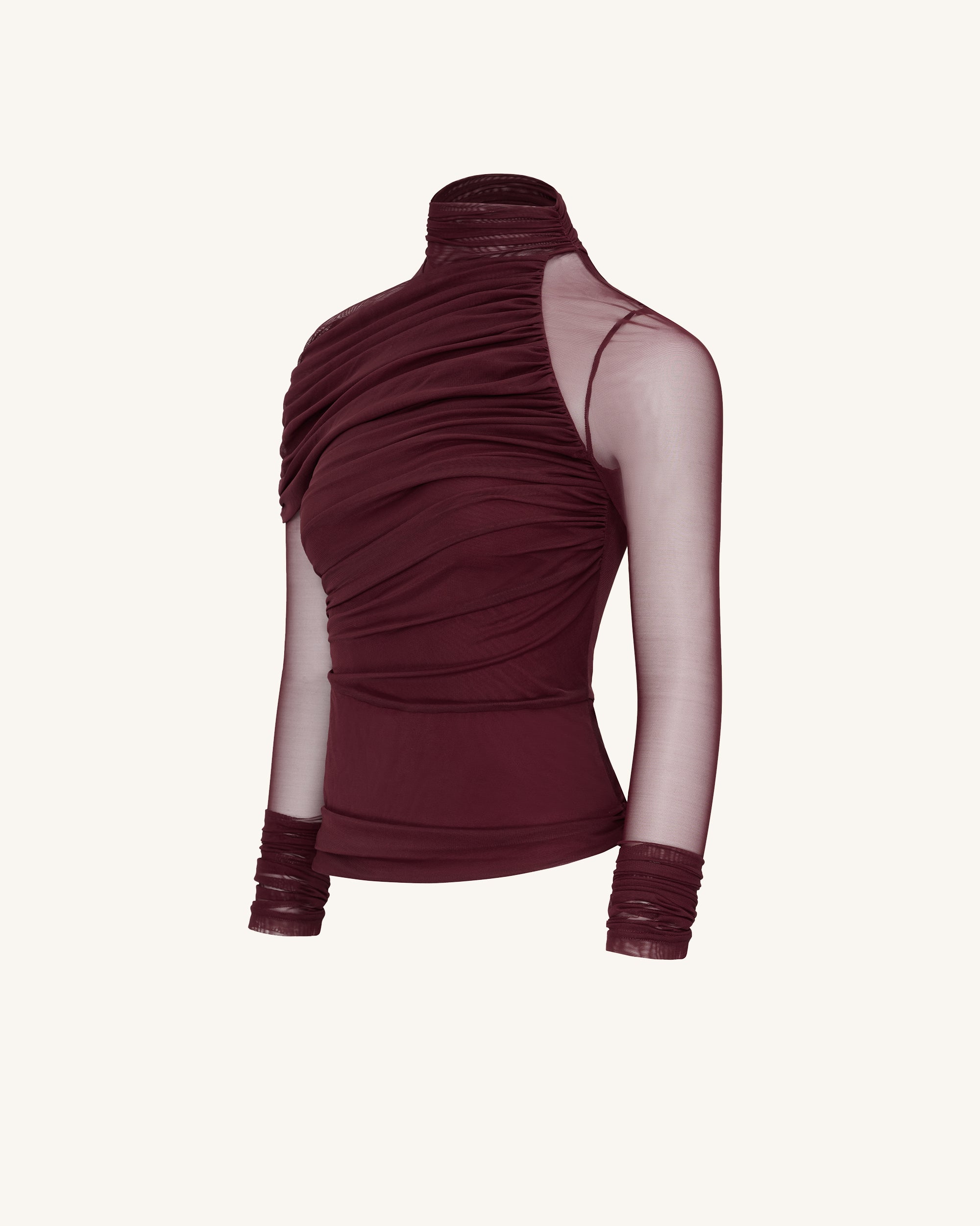 Ella Sheer Ruched Turtleneck Top - Burgundy - Image 6