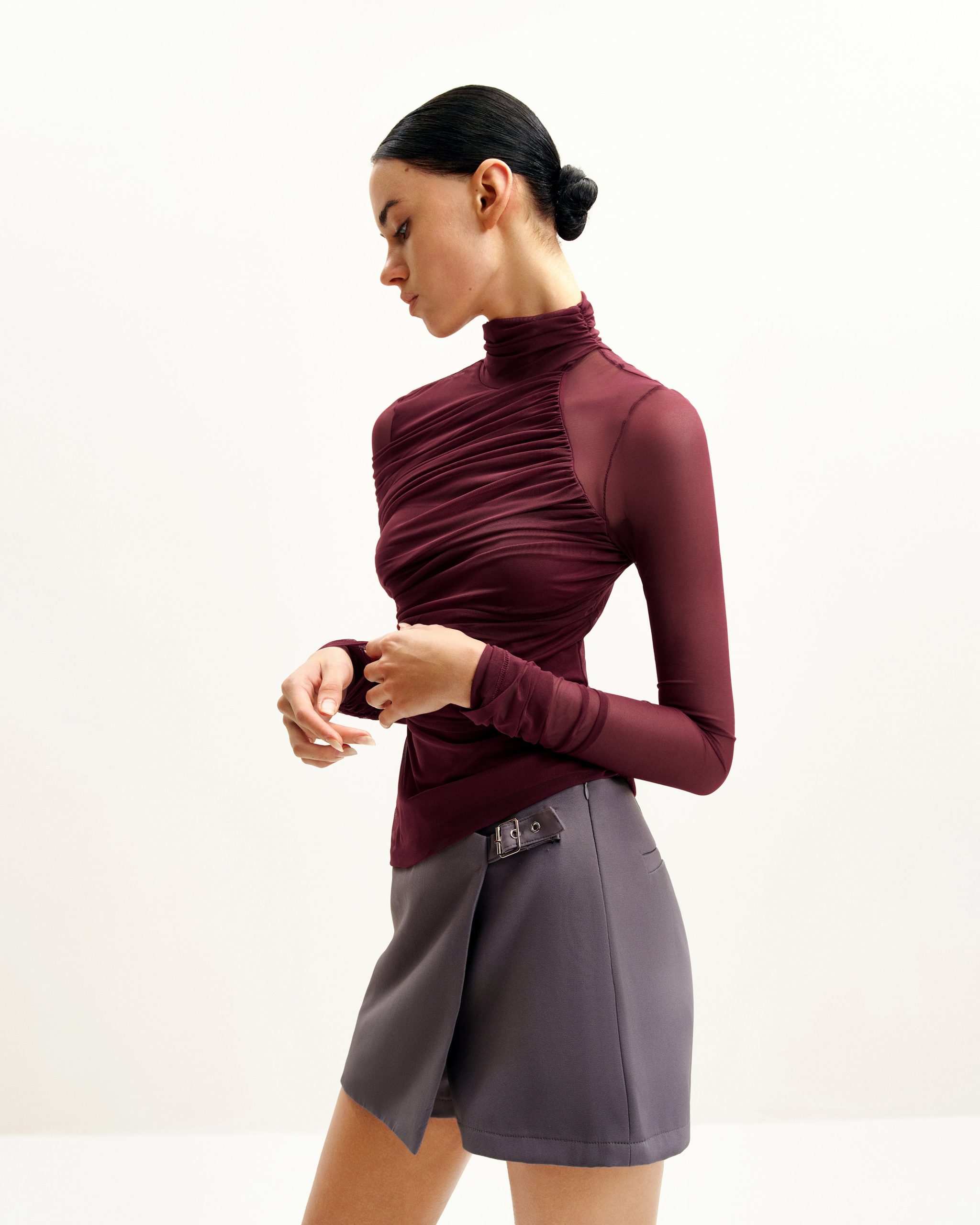 Ella Sheer Ruched Turtleneck Top - Burgundy - Image 2