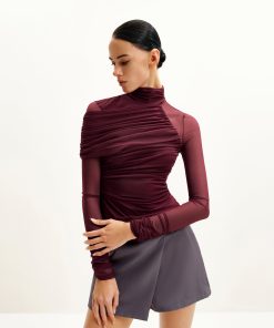 Ella Sheer Ruched Turtleneck Top - Burgundy