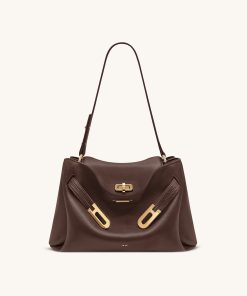Rhea Pebbled Double Buckle Shoulder Bag - Dark Brown
