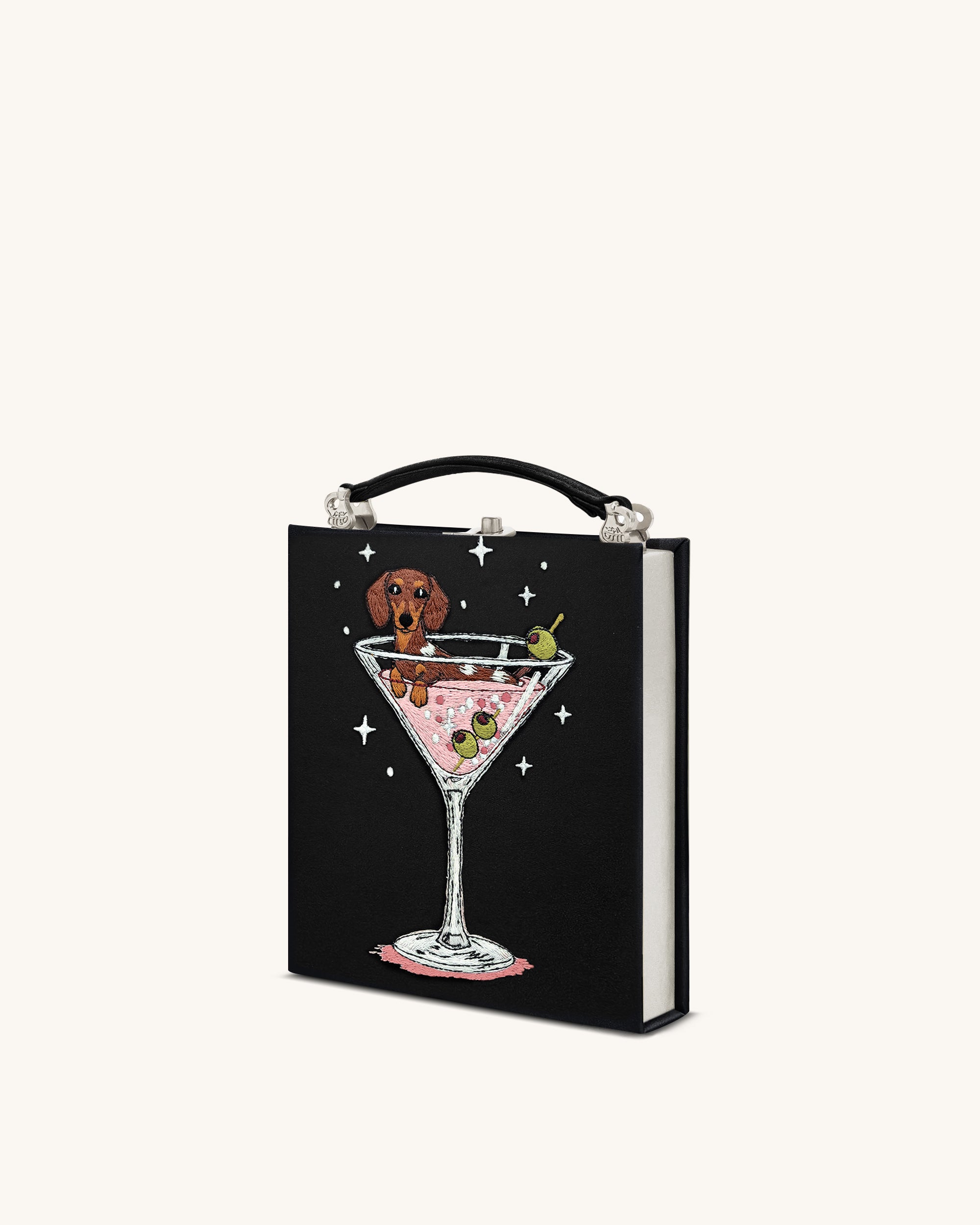 Taya Wine Glass Puppy Pattern Book Shape Clutch Bag - Black - Image 2