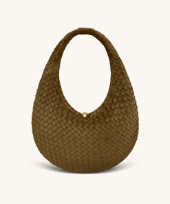 Nola Faux Suede Woven Hobo Shoulder Bag - Olive Green