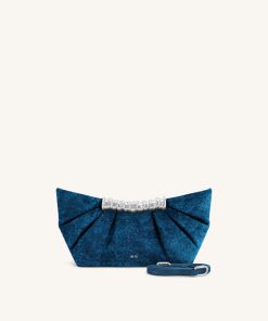 Leia Faux Velvet Pleated Clutch - Blue