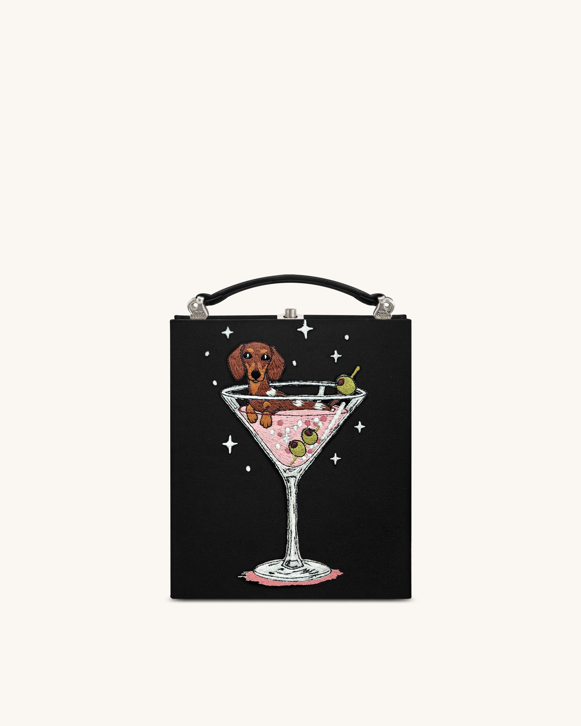 Taya Wine Glass Puppy Pattern Book Shape Clutch Bag - Black