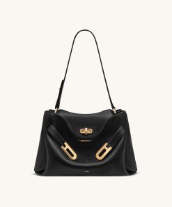 Rhea Pebbled Double Buckle Shoulder Bag - Black