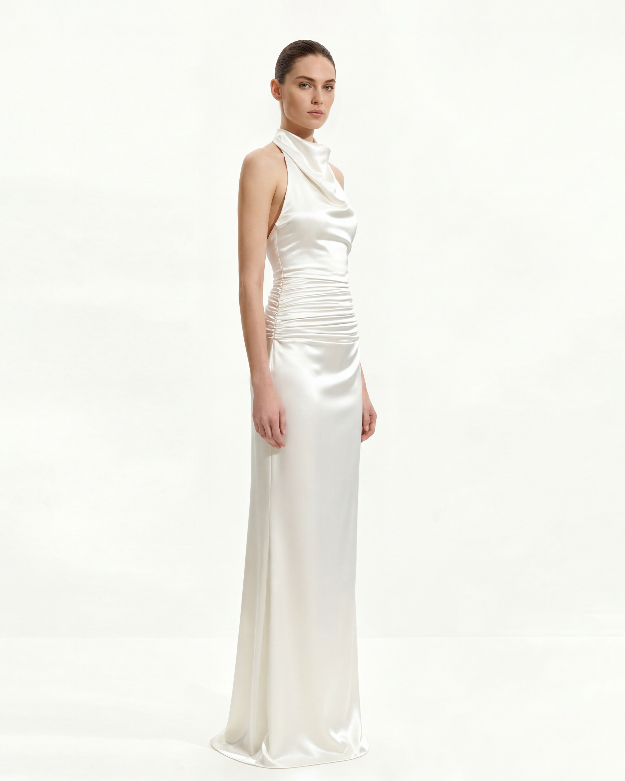 Satin Cowl Neck Ruched Maxi Gown - White - Image 2