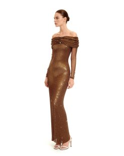 Alternative view of Rhinestone Mesh Off-Shoulder Maxi Dress - Brown