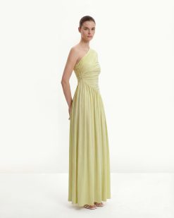 Alternative view of Ruched One-Shoulder Maxi Dress with Trailing Sash - Green