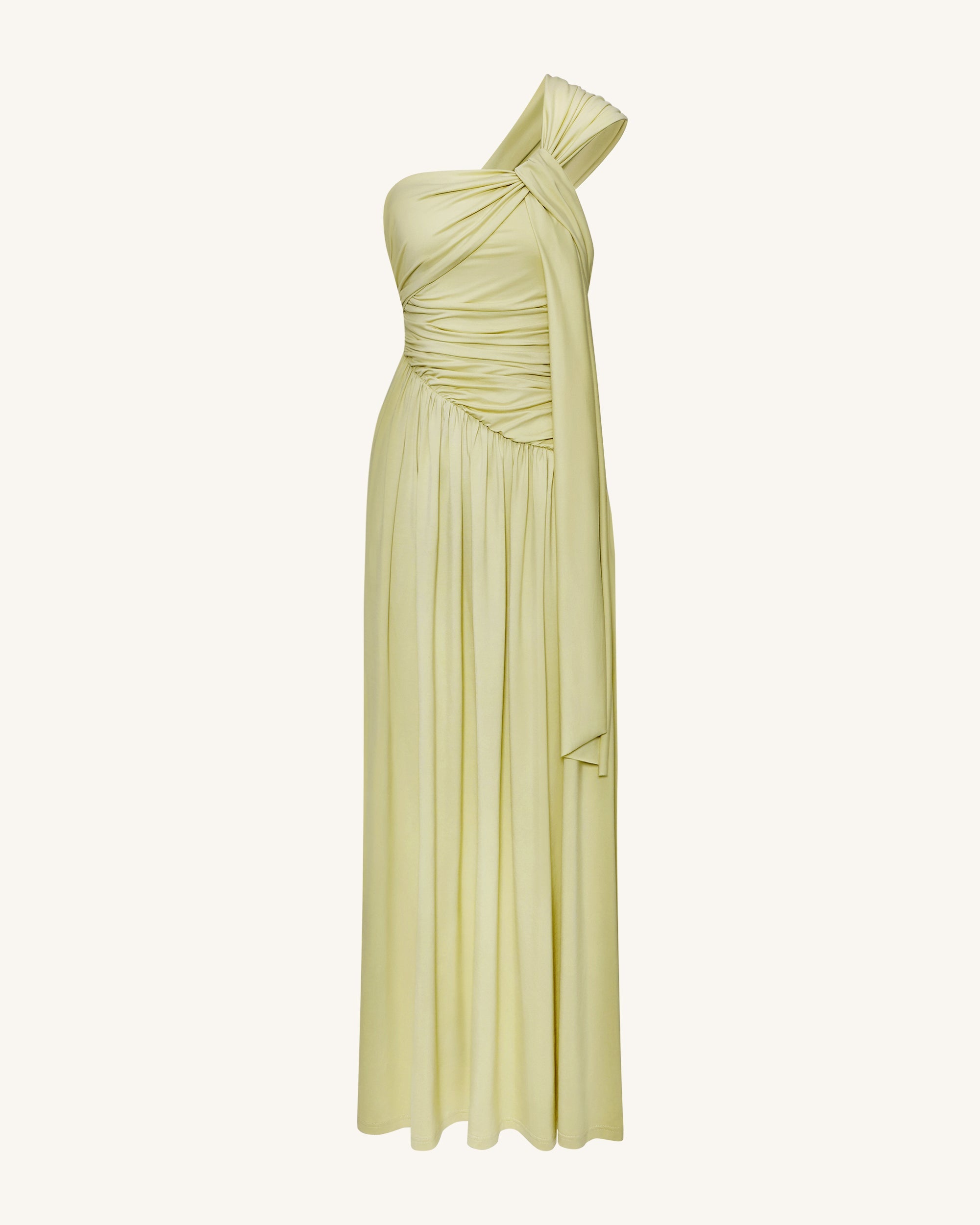 Ruched One-Shoulder Maxi Dress with Trailing Sash - Green - Image 4