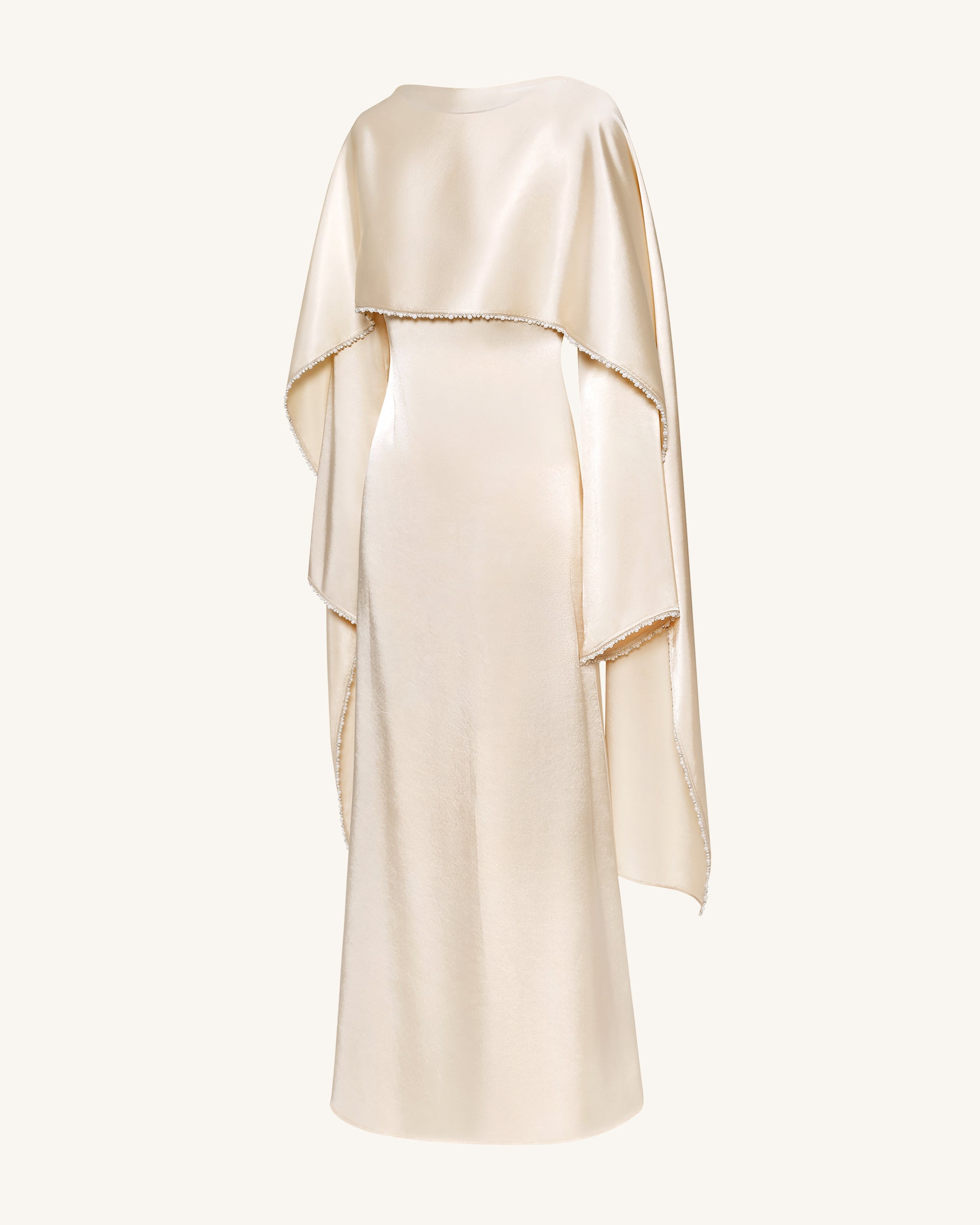 198Pearl-Trimmed Cape Sleeve Boat Neck Maxi Gown - Cream - Image 4