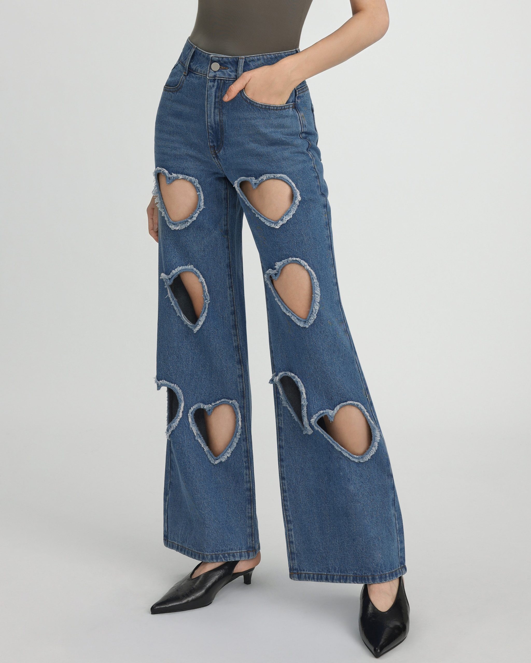 Sophia Embellished Heart Cut-Out Denim Jeans - Medium Blue - Image 3