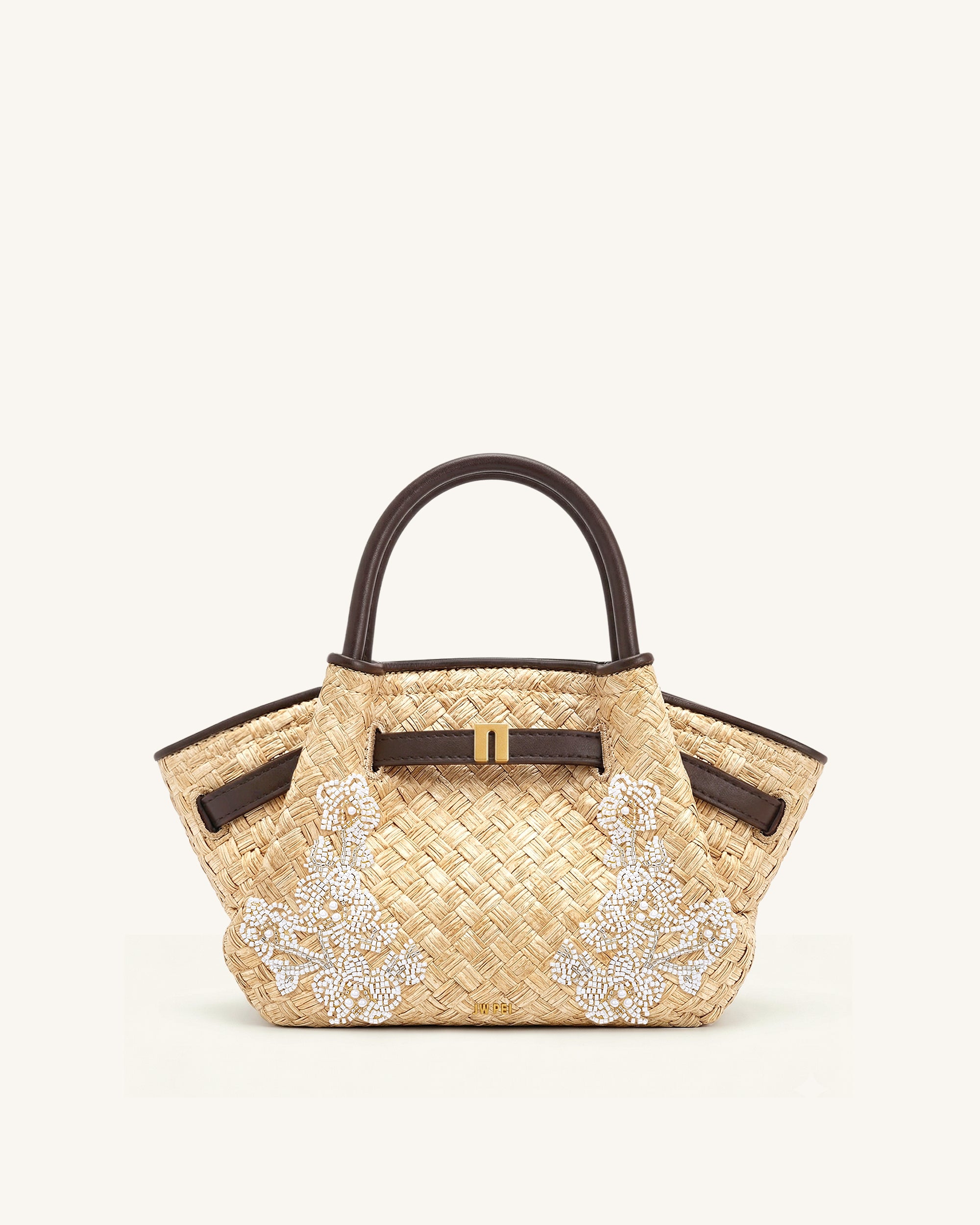 Hana Mini Faux Straw Beading Tote Bag - Brown