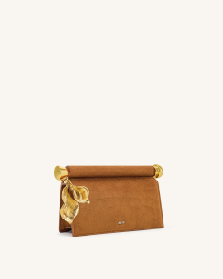 Alternative view of Holly Faux Suede Metal Pendant Embellished Clutch - Brown