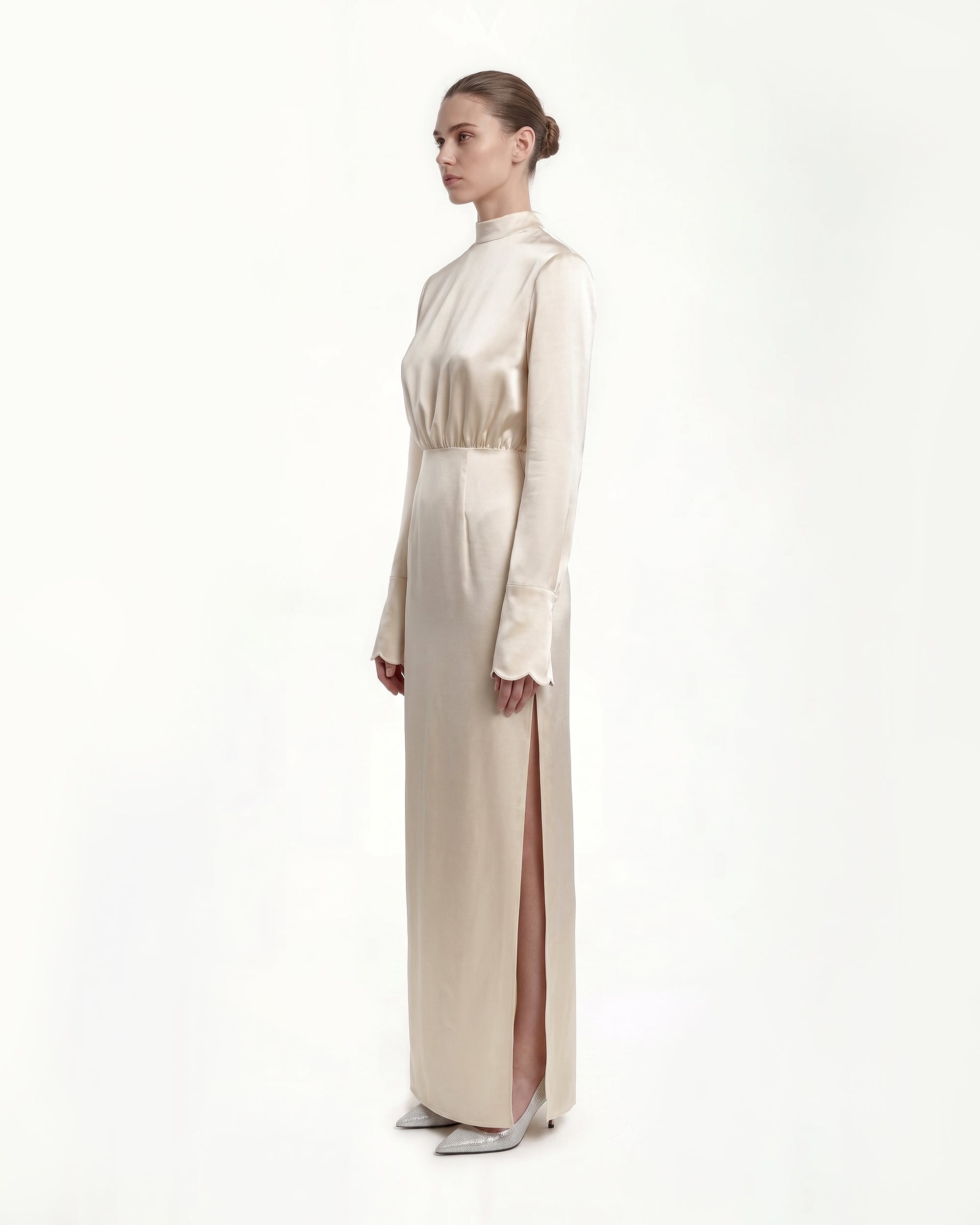 Structured Shoulder Design Satin High-Neck Fitted Maxi Dress - Cream - Image 2
