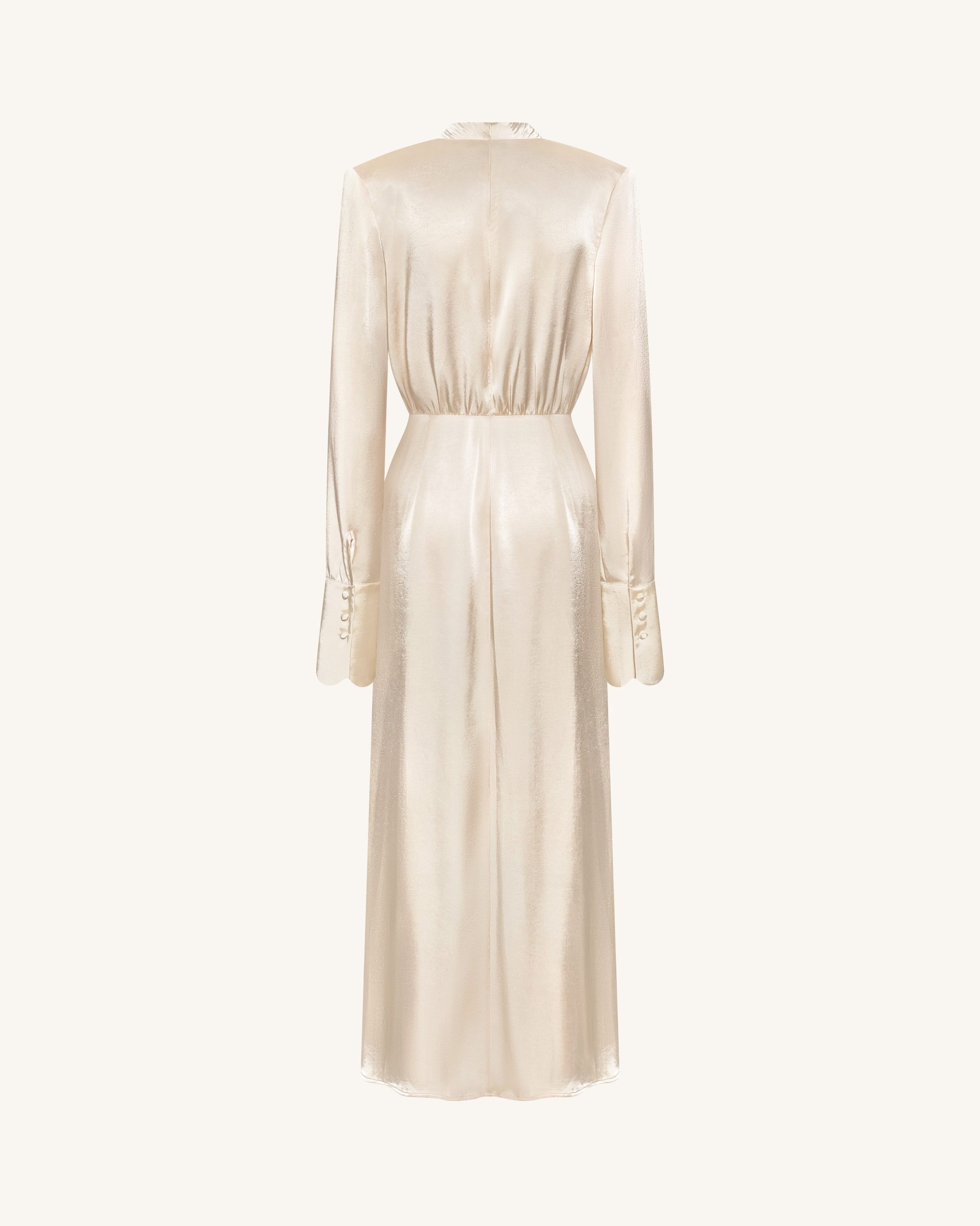 Structured Shoulder Design Satin High-Neck Fitted Maxi Dress - Cream - Image 5
