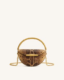 Sylvie Snake Print Half-Moon Top Handle Bag - Yellowish Brown