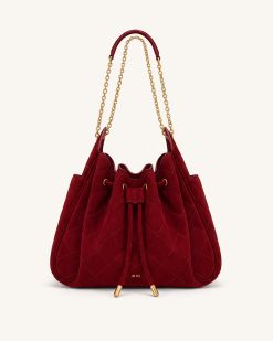 Rowan Faux Suede Quilted Chain Bucket Bag - Dark Red