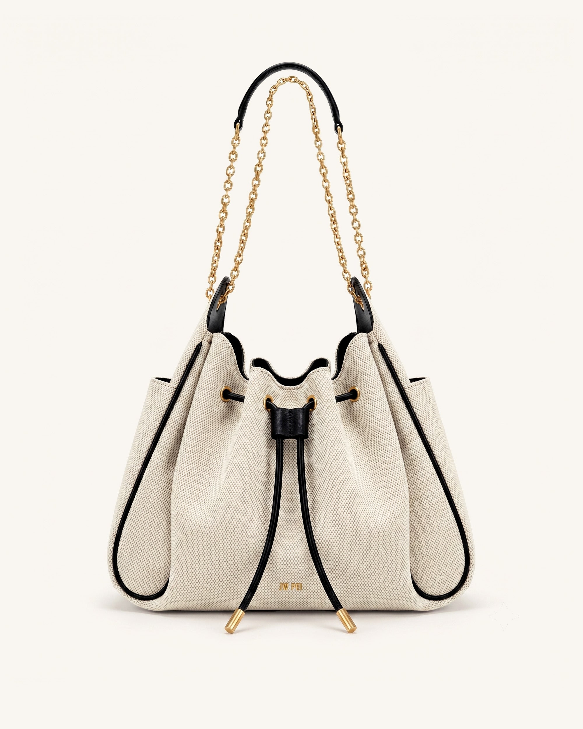Rowan Ruched Drawstring Chain Bucket Bag - Black Canvas