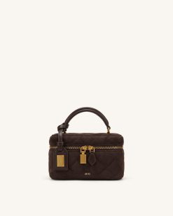 Cleo Faux Suede Box Shape Top Handle Bag - Dark Chocolate Brown