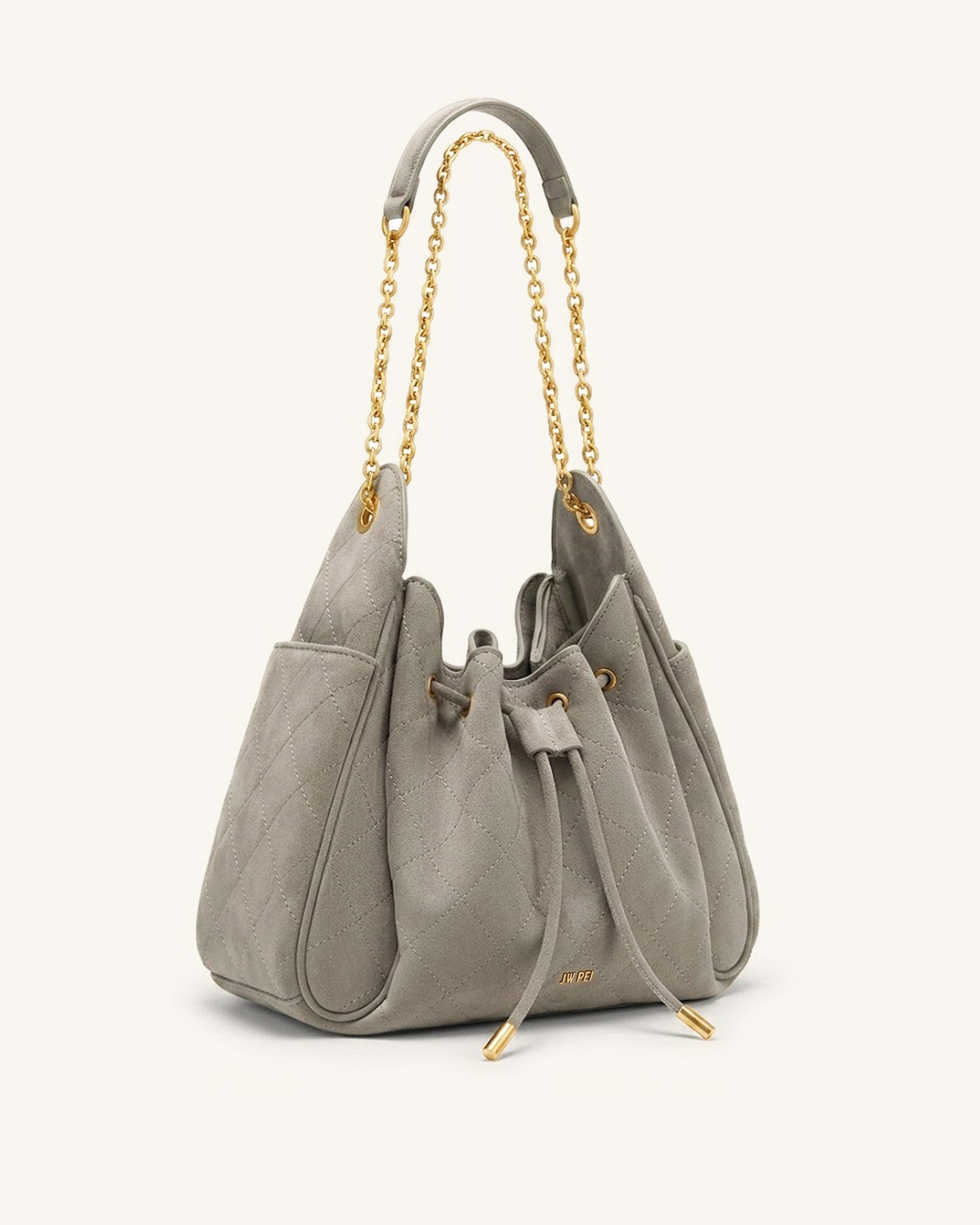 Rowan Faux Suede Quilted Chain Bucket Bag - Gray - Image 2