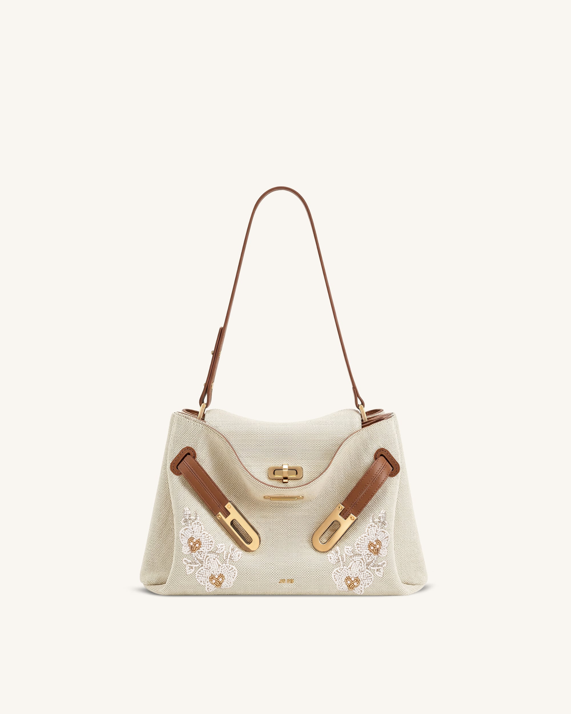 Rhea Double Buckle Shoulder Bag - Caramel Brown Canvas