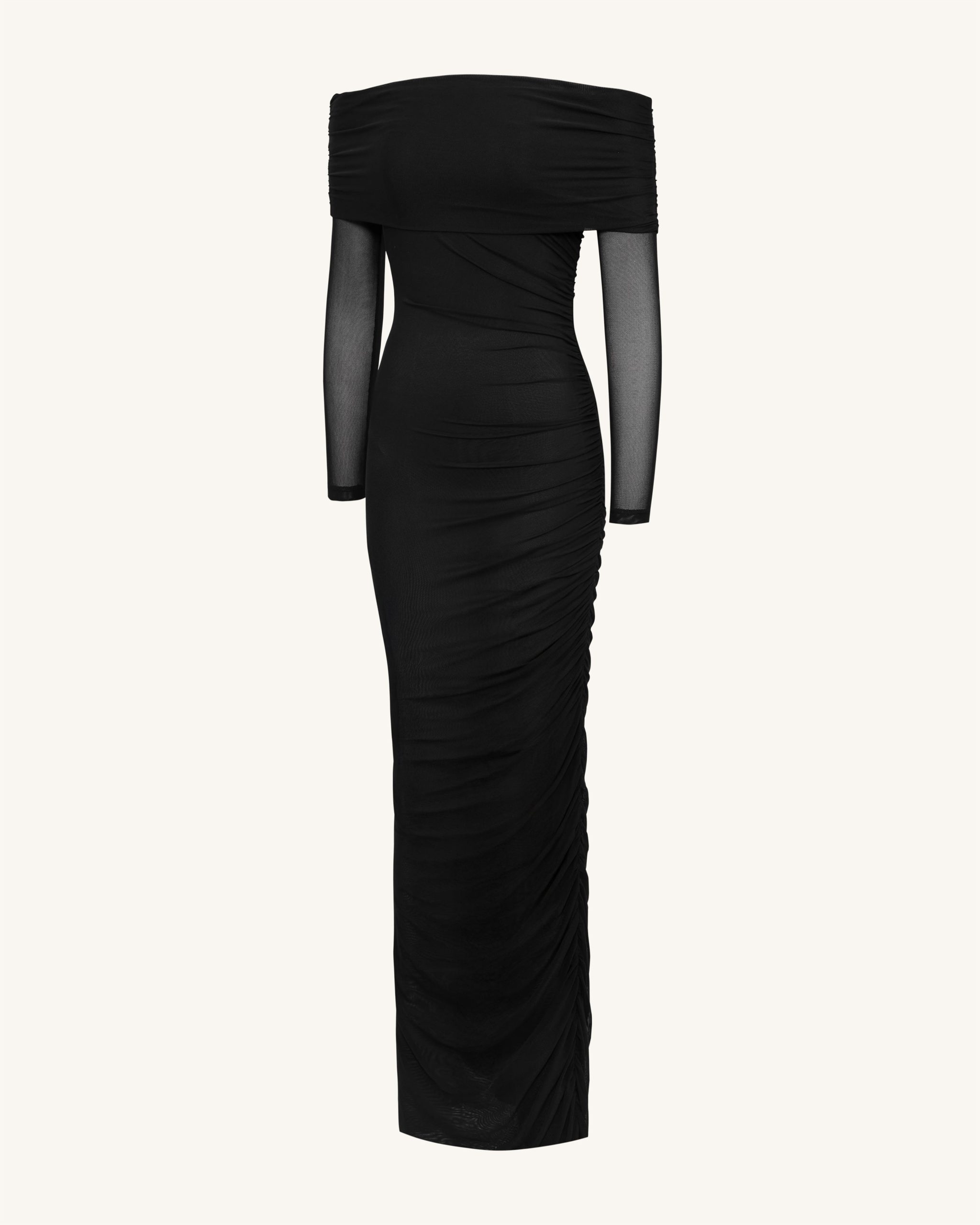 Ruched Off-Shoulder Mesh-Sleeve Mermaid Maxi Dress - Black - Image 4
