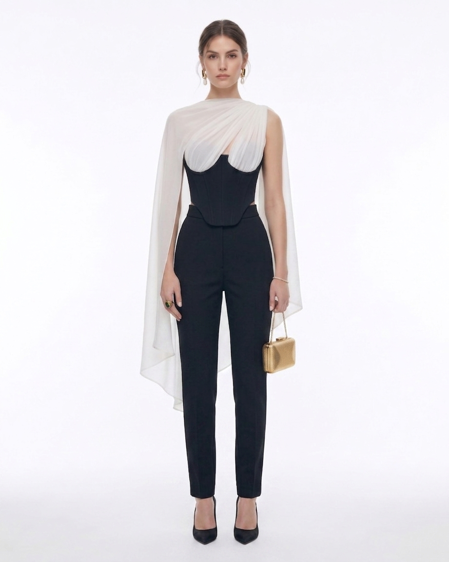 Strapless Corset Sheer Cape Top - Black & White - Image 2