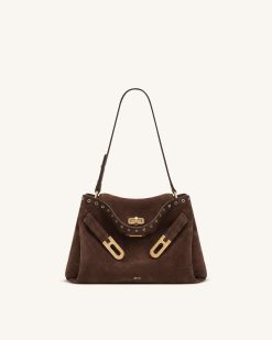 Rhea Faux Suede Double Buckle Shoulder Bag - Sandalwood Brown