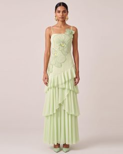 Orchid Embroidered Ruffled One-Shoulder Maxi Dress - Light Green